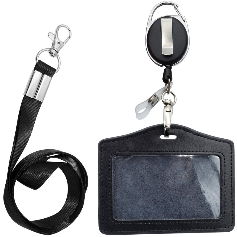 HoAoOo ID Card Case + Lanyard + Badge Holder Retractable Reel Carabiner and Plastic Clip (Genuine Leather Horizontal Black) - Image 1